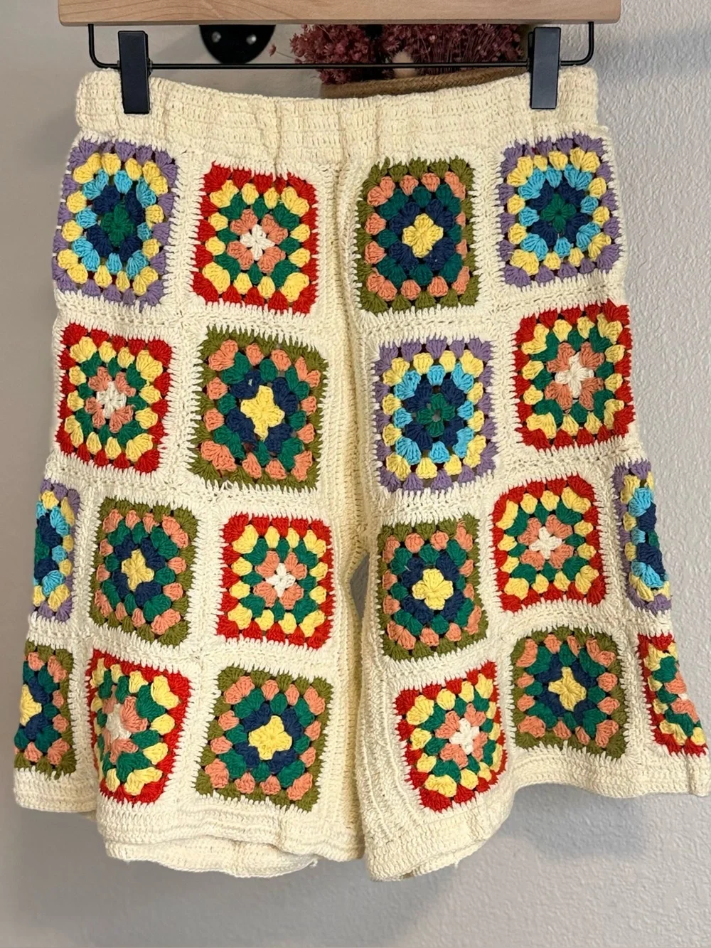 Free People x Flook Crocheted Granny Square Long Shorts Artisan Made Bali